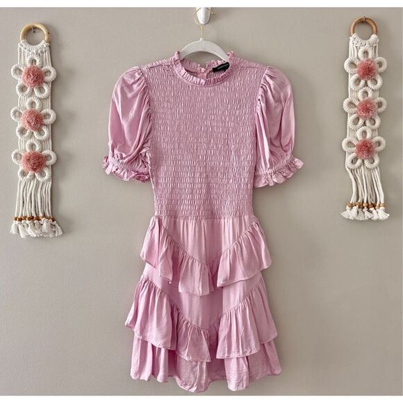 Olivaceous Smocked Tiered Ruffle Mini Dress Satin Pink Size Small NEW - Picture 1 of 8